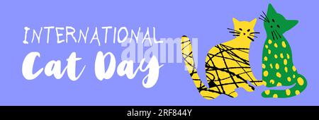 Conception horizontale d'illustration de la Journée internationale du chat avec des chats verts jaunes mignons texturés en couleur bakcground violet Illustration de Vecteur