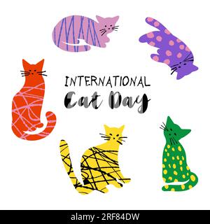 Illustration de la Journée internationale du chat avec des chats mignons colorés texturés isolés sur fond de couleur blanche Illustration de Vecteur