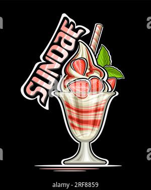 Logo Vector pour Sundae, affiche décorative avec illustration de crème glacée sundae avec confiture rouge en couches décorées bâton de gaufrette, demi-fraises tranchées, Illustration de Vecteur