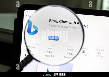 Ostersund, Suède - 28 mai 2023 : Bing Chat avec ai & GPT-4 app.. Microsoft Bing est un moteur de recherche IA propulsé par ChatGPT & GPT-4. Banque D'Images