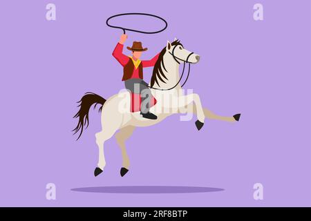 Dessin de style plat de dessin animé fort cow-boy sur le cheval galopant à travers le désert. Cow-boy stylisé sur le cheval bucking courant avec lasso. Mignon cow-boy avec corde Banque D'Images