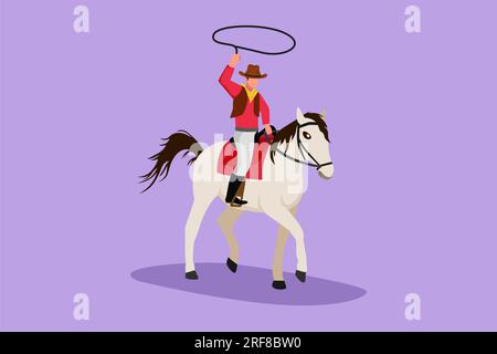 Personnage plat dessin stylisé cow-boy avec lasso de corde sur cheval. Fort cow-boy américain à cheval et lancer le lasso. Cow-boy sur bucking Horse runni Banque D'Images