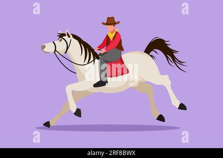 Dessin de style plat de dessin animé de l'ouest sauvage et du désert avec cheval d'équitation de cow-boy. mustang forte et personne en plein air au coucher du soleil. Cow-boy stylisé et hors Banque D'Images