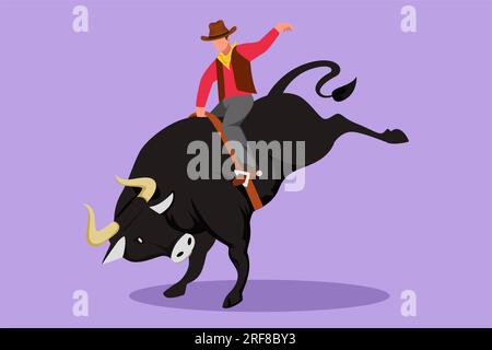 Dessin de style plat de dessin animé de cow-boy chevauchant le taureau sauvage pour le spectacle de rodéo passionnant. Brave cow-boy dans le chapeau se joindre à la compétition de rodéo chevauchant le taureau sauvage. Excite Banque D'Images