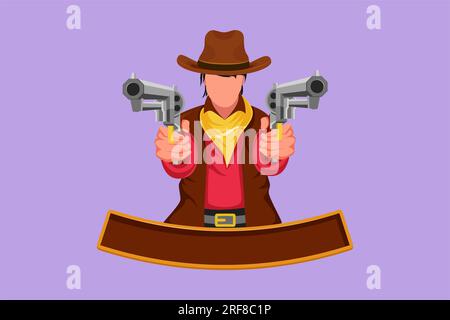 Personnage à plat dessinant stylisé Wild West Gunslinger tenant deux fusils. Beaux cow-boys américains visant deux pistolets dans le désert. Armes vintage pour Banque D'Images