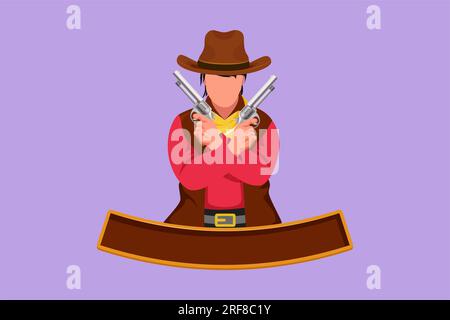 Dessin graphique de conception plate d'un Gunslinger ouest sauvage tenant et croisant deux canons. Des cow-boys américains tenant ses deux armes au-dessus de sa poitrine. Armes f Banque D'Images