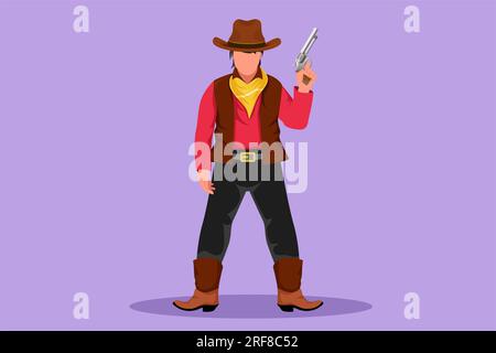 Dessin de style plat de dessin animé de cow-boy stylisé avec le chapeau tenant son arme d'une main. Concept d'arme à feu intelligente de type Gunslinger américain. Armes pour Banque D'Images