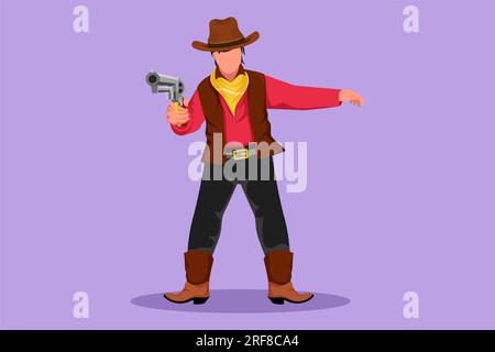 Dessin de style plat de dessin animé cow-boy intelligent tenant son arme et visant les armes à feu devant. Arme à feu stylisée de style Wild West Gunslinger. Armes vintage fo Banque D'Images