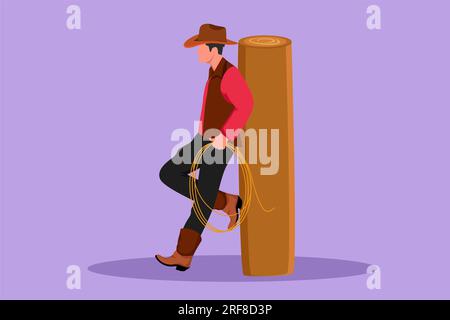 Dessin de style plat dessin de dessin occidental homme relaxant avec chapeau de cow-boy et lasso appuyé sur une clôture en bois. Style de vie stylisé des cow-boys américains chez le bétail Banque D'Images