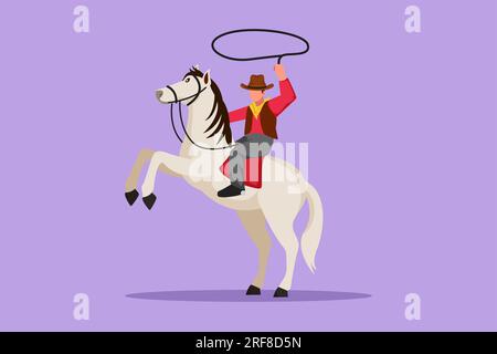 Personnage à plat dessin stylisé cow-boy lançant lasso équitation élevant des chevaux. Cow-boy américain à cheval et lancer le lasso. Mignon cow-boy avec corde Banque D'Images