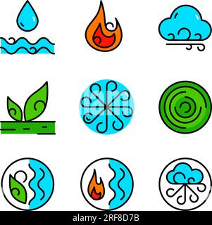 Éléments de couleur ayurvédiques eau, feu, air, terre et éther icônes ensemble. Icônes ayurvédiques vecteur style plat simple. Symboles d'éléments pour infogra ayurvédique Illustration de Vecteur