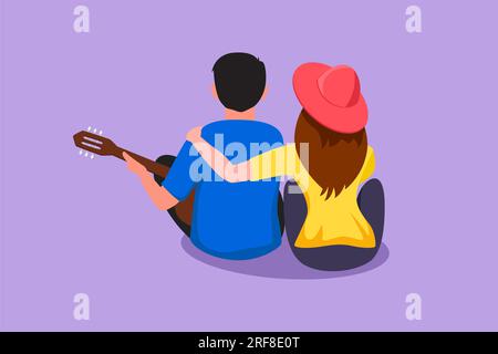 Personnage plat dessin couple romantique jouant de la guitare sur la saison estivale. Femme serrant son petit ami, assis au parc avec de la guitare. Couple romantique dati Banque D'Images