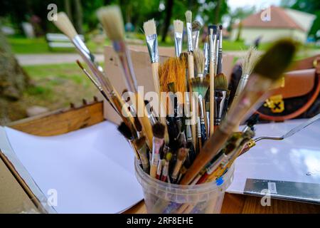 Gros plan de brosses usagées et nettoyées de différentes formes et tailles, brosses à poils naturels dans un seau, outils. Passe-temps créatif, équipement de peintre backgr Banque D'Images