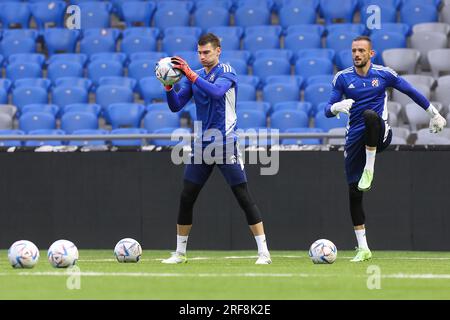 Astana, Kazahstan. 01 août 2023. Dominik Livakovic de GNK Dinamo est vu lors de la séance d'entraînement avant l'UEFA Champions League, deuxième tour de qualification, match de 2e étape entre Astana et Dinamo Zagreb à Astana Arena à Astana, Kazakhstan, le 1 août 2023. Photo : Goran Stanzl/PIXSELL crédit : Pixsell/Alamy Live News Banque D'Images