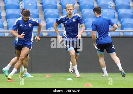 Astana, Kazahstan. 01 août 2023. Maxime Bernauer de GNK Dinamo est vu lors de la séance d'entraînement avant UEFA Champions League, deuxième tour de qualification, match de 2e étape entre Astana et Dinamo Zagreb à Astana Arena à Astana, Kazakhstan, le 1 août 2023. Photo : Goran Stanzl/PIXSELL crédit : Pixsell/Alamy Live News Banque D'Images