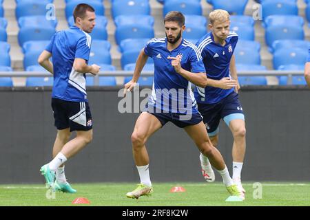 Astana, Kazahstan. 01 août 2023. Luka Ivanusec de GNK Dinamo est vu lors de la séance d'entraînement avant l'UEFA Champions League, deuxième tour de qualification, match de 2e étape entre Astana et Dinamo Zagreb à Astana Arena à Astana, Kazakhstan, le 1 août 2023. Photo : Goran Stanzl/PIXSELL crédit : Pixsell/Alamy Live News Banque D'Images
