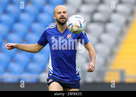 Astana, Kazahstan. 01 août 2023. Josip Misic de GNK Dinamo est vu pendant la séance d'entraînement avant l'UEFA Champions League, deuxième tour de qualification, match de 2e étape entre Astana et Dinamo Zagreb à Astana Arena à Astana, Kazakhstan, le 1 août 2023. Photo : Goran Stanzl/PIXSELL crédit : Pixsell/Alamy Live News Banque D'Images