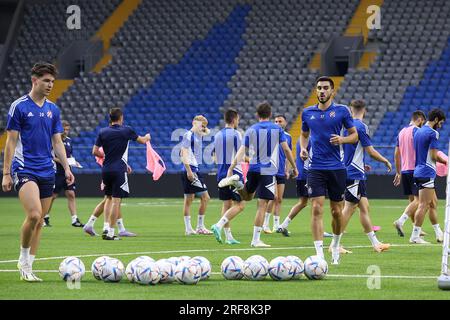 Astana, Kazahstan. 01 août 2023. Les joueurs du GNK Dinamo sont vus pendant la séance d'entraînement avant l'UEFA Champions League, deuxième tour de qualification, match de 2e étape entre Astana et Dinamo Zagreb à Astana Arena à Astana, Kazakhstan, le 1 août 2023. Photo : Goran Stanzl/PIXSELL crédit : Pixsell/Alamy Live News Banque D'Images