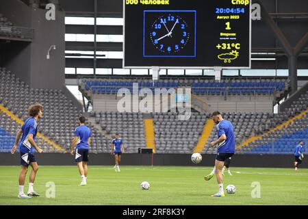 Astana, Kazahstan. 01 août 2023. Les joueurs du GNK Dinamo sont vus pendant la séance d'entraînement avant l'UEFA Champions League, deuxième tour de qualification, match de 2e étape entre Astana et Dinamo Zagreb à Astana Arena à Astana, Kazakhstan, le 1 août 2023. Photo : Goran Stanzl/PIXSELL crédit : Pixsell/Alamy Live News Banque D'Images