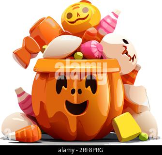 panier de citrouille de sculpture de vecteur avec des bonbons. bonbons colorés dans la citrouille. souriant jack o lanterne avec bonbons doux vwctor illustration sur blanc Illustration de Vecteur
