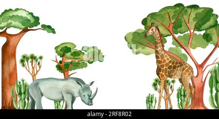 Illustration aquarelle sur fond blanc. Girafe et rhinocéros parmi les arbres et les cactus, tous les éléments sont dessinés à la main à l'aquarelle. Convient pour p Banque D'Images