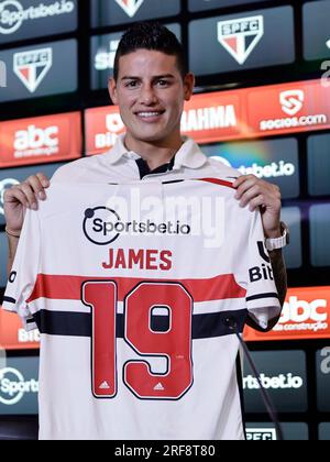 Sao Paulo, Brésil. 01 août 2023. Joueur colombien James Rodriguez lors de la présentation et conférence de presse à Sao Paulo Futebol Clube, au Barra Funda Training Center, dans la zone ouest de Sao Paulo, ce mardi après-midi, 01. Adriana Spaca/SPP (Adriana Spaca/SPP) crédit : SPP Sport Press photo. /Alamy Live News Banque D'Images