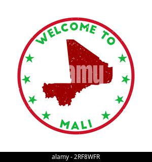 Bienvenue au timbre Mali. Timbre rond de pays grunge avec texture dans le thème de couleur Green Gobelin. Sceau Mali géométrique de style vintage. Illustration de Vecteur