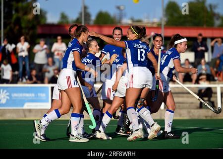 Prague, République tchèque. 01 août 2023. Les joueuses tchèques célèbrent un but lors du Championnat EuroHockey féminin 2023 II, poule A, match Pologne vs République tchèque, le 1 août 2023, à Prague, République tchèque. Crédit : Katerina Sulova/CTK photo/Alamy Live News Banque D'Images