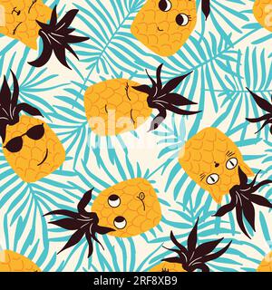 Motif vectoriel sans couture ananas mignons avec des visages de chat sur des feuilles de palmier bleu sarcelle, textile, scrapbook. Illustration vectorielle Illustration de Vecteur