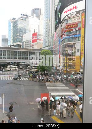 De grandes foules de piétons attendent patiemment sous la pluie de chaque côté de la route en attendant de traverser Shibuya Scramble, un monument emblématique de Tokyo. Banque D'Images