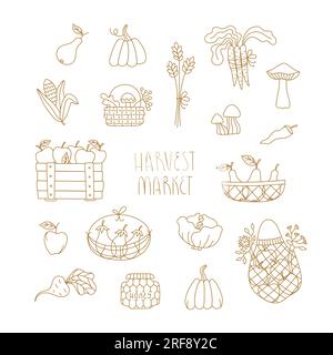 Vector Line Set avec des éléments de marché de récolte d'automne pour carte, invitation, site Web, autocollants, bannière. Kawaii Fall illustrations minimales. Illustration de Vecteur