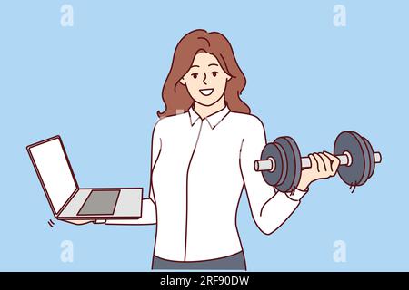 Femme occupée avec ordinateur portable et haltères multitâche et faire du fitness pour soutenir la figure. Femme d'affaires recommande de mener un mode de vie sain ou de faire face à des problèmes d'affaires en mode multitâche Illustration de Vecteur