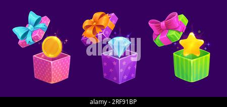 Coffrets cadeaux pour jeux. Icône bonus de dessin animé, cadeau et récompense. Packs surprise ouverts Vector avec étincelles, pièce d'or, étoiles et diamants actifs gui. Paquets colorés isolés décorés avec des noeuds de ruban Illustration de Vecteur