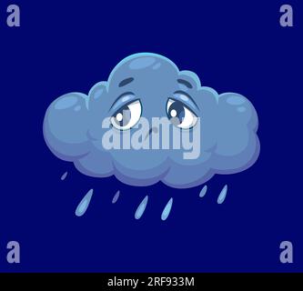 Dessin animé mignon personnage de temps de nuage pluvieux avec des gouttelettes de pluie tombant de son fond. Personnage vectoriel isolé pour la prévision des jours orageux. Tourbillon fantaisiste triste stylisé avec une expression de visage triste terne Illustration de Vecteur