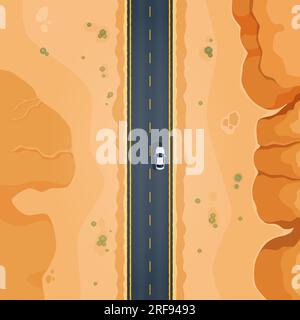 Route du désert vue de dessus de la voiture conduisant à travers la zone déserte avec la terre ferme, les rochers et les cactus le long de l'autoroute asphaltée. Paysage vectoriel de voyages routiers et automobiles en afrique, arizona ou mexique Illustration de Vecteur