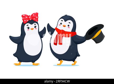 Dessins animés mignons personnages de pingouin drôles. Adorable couple d'oiseaux, garçon porter chapeau haut de gamme et écharpe et fille avec arc sur la tête. Les personnages amicaux de vecteur isolé apportent rire et joie avec leurs cantiques ludiques Illustration de Vecteur