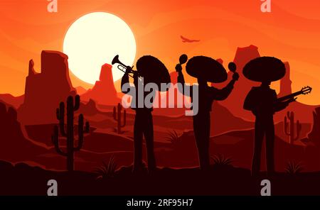 Mariachi musiciens mexicains silhouettes au coucher du soleil dans le désert. Scène de crépuscule vectoriel avec trio d'hommes porter sombrero jouant des maracas, de la guitare et de la trompette dans un paysage pittoresque déserté avec des cactus et des montagnes Illustration de Vecteur