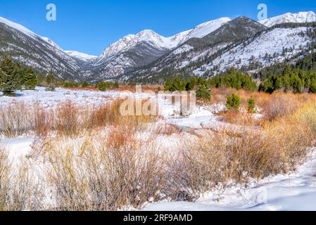 Neige hivernale le long de la rivière Fall dans Horseshoe Park dans le parc national des montagnes Rocheuses, Colorado Banque D'Images
