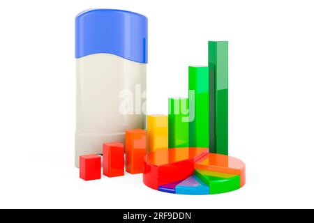 Solide déodorant anti-transpirant, bâton déodorant avec graphique à barres de croissance et graphique circulaire, rendu 3D isolé sur fond blanc Banque D'Images