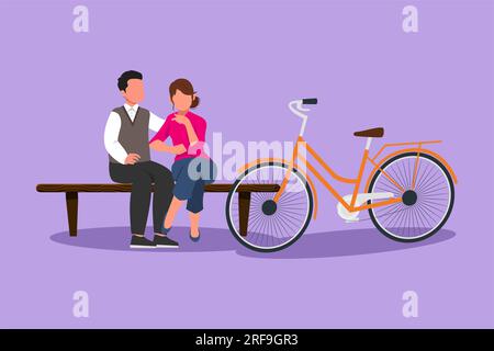 Personnage plat dessin romantique couple bavardant tout en étant assis sur le banc. Couple romantique d'adolescents faire du vélo et prendre un repos au parc de la ville. Jeune homme et Banque D'Images