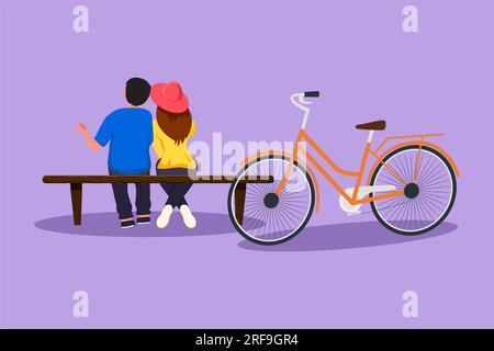 Dessin de style plat dessin de dessin de dessin de dessin de couple romantique parlant tout en étant assis sur le banc au parc. Homme heureux femme chevauchant un vélo électrique. Promenade en soirée Banque D'Images