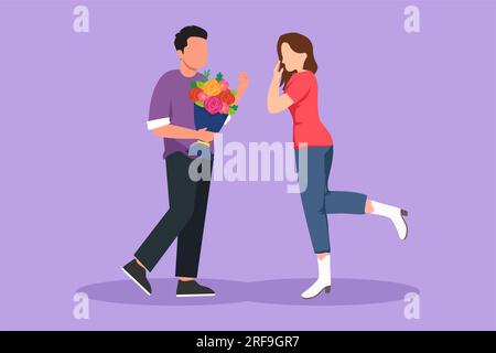 Dessin de style plat de dessin animé homme heureux faisant la proposition mariage à jolie femme avec bouquet. Garçon surprend sa fille et donne des fleurs. Engagement et Banque D'Images