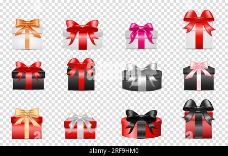 Ensemble de boîtes en carton cadeau de couleur différente avec des noeuds et des rubans. Pour la Saint Valentin, anniversaire, 8 mars, noël et nouvel an, pour les cartes et Illustration de Vecteur