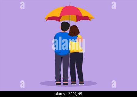 Design plat graphique dessin vue arrière amoureux couple sous la pluie. Couple mignon dans l'amour marchant sous la pluie avec parapluie. Homme et femme heureux marchent alo Banque D'Images