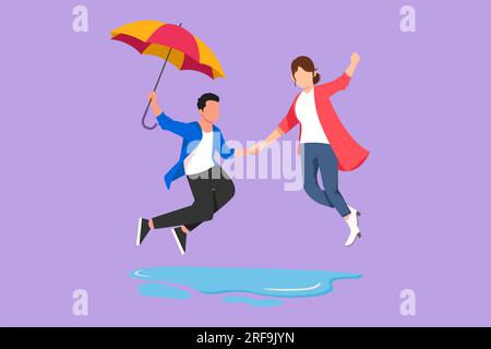 Dessin plat de caractère de couple amoureux marchant sous la pluie avec parapluie. Homme et femme marchant le long de la rue de la ville et sautant. Couple marié romanti Banque D'Images