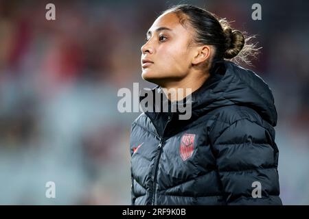 Auckland, Auckland, Nouvelle-Zélande. 2 août 2023. L'attaquant américain ALYSSA THOMPSON #7 se réchauffe avant le match du groupe E de la coupe du monde de la FIFA WomenÃs 2023 contre le Portugal à l'Eden Park Stadium à Auckland, en Nouvelle-Zélande. USA 0:0 Portugal (image de crédit : © ira L. Black/ZUMA Press Wire) USAGE ÉDITORIAL SEULEMENT! Non destiné à UN USAGE commercial ! Banque D'Images