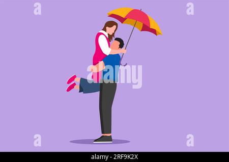 Design plat graphique dessin joyeux couple en amour sous la pluie avec parapluie. Homme et femme heureux marchant au parc et sautant. Couple romantique marié Banque D'Images