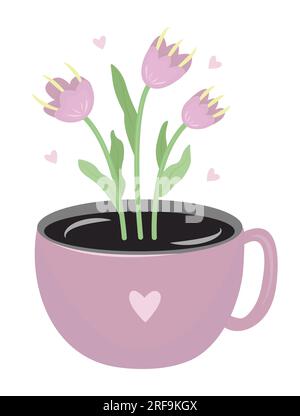 Tasse de café rose avec des tulipes roses, illustration colorée fantastique. Imprimé inhabituel pour les amateurs de café et de fleurs Illustration de Vecteur