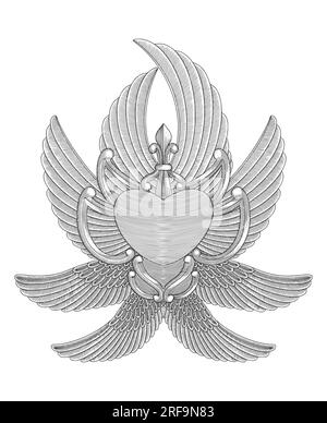 coeur avec six ailes et ornement. illustration vectorielle de gravure vintage Illustration de Vecteur