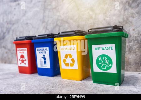 Le concept de classification des déchets pour le recyclage. Collecte des bacs pour différents types de déchets par séparation selon la couleur du bac W Banque D'Images